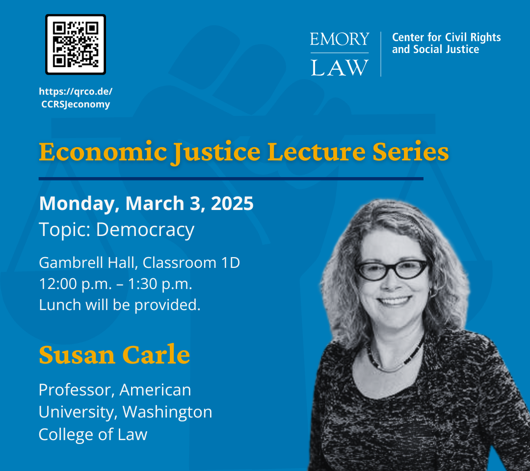 Economic Justice Speaker series graphic - Susan Carle